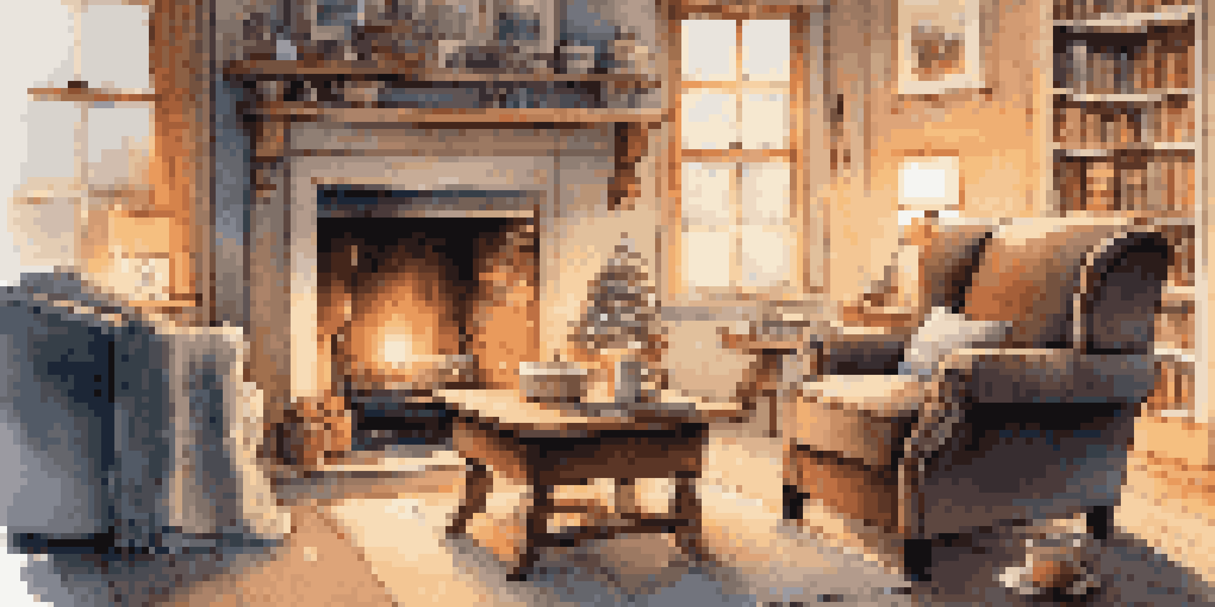 A cozy winter living room with a fireplace, soft blankets, and snow falling outside the window.