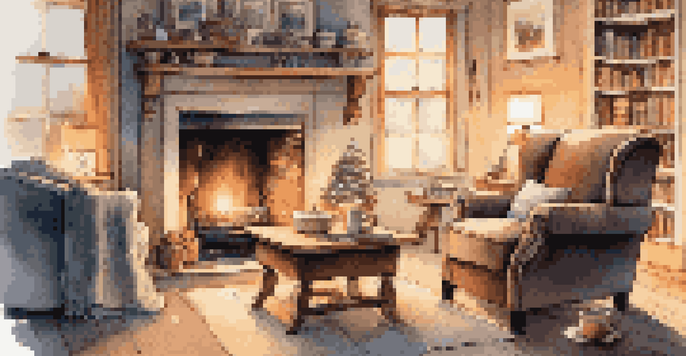 A cozy winter living room with a fireplace, soft blankets, and snow falling outside the window.