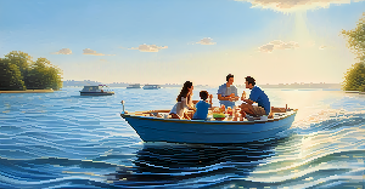 A family sitting in the middle of a boat, smiling and eating snacks, with calm water and a bright sky around them.