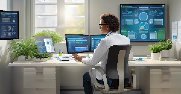A healthcare professional using a tablet in a modern medical office, surrounded by bright light and plants.