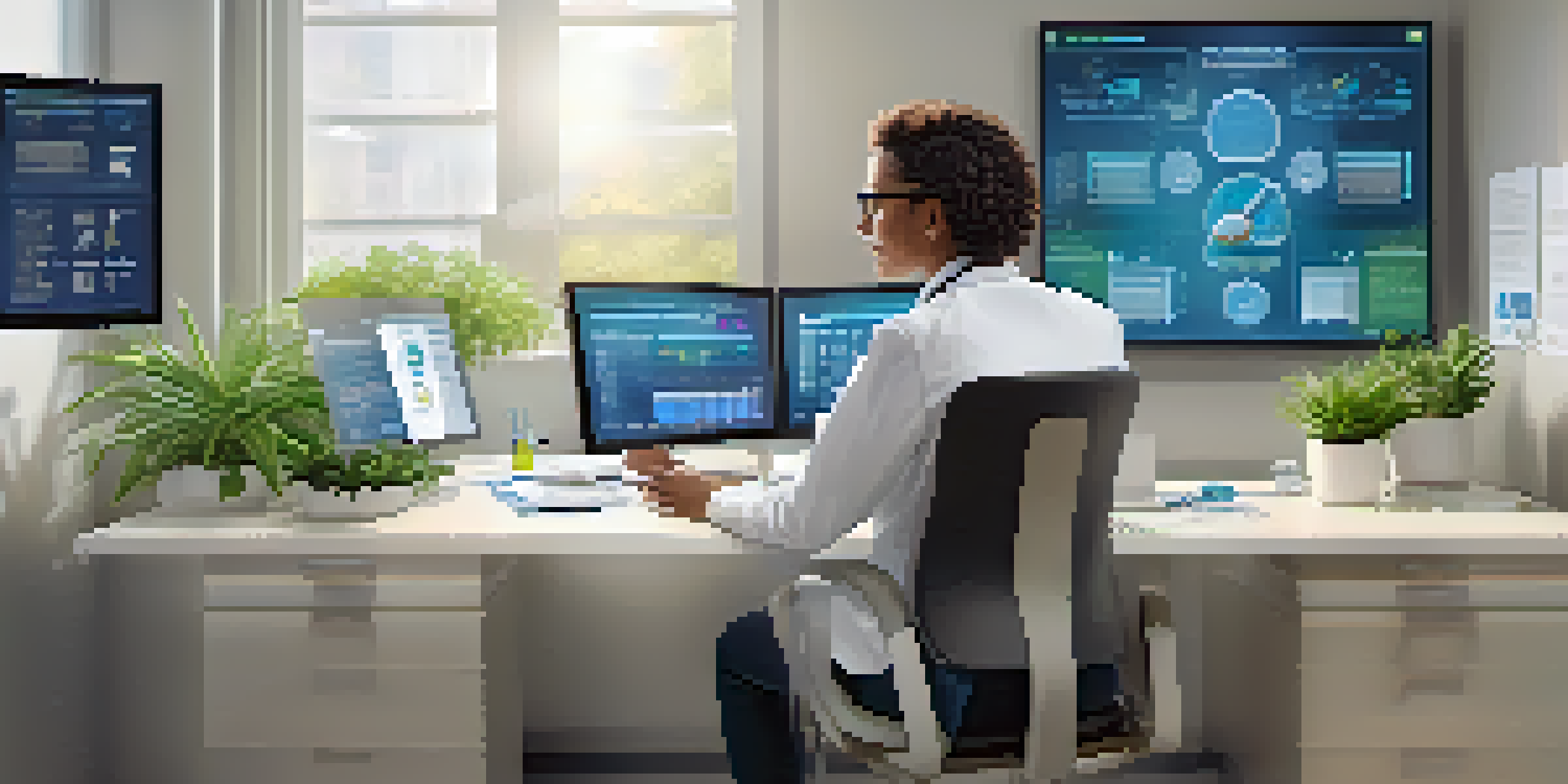 A healthcare professional using a tablet in a modern medical office, surrounded by bright light and plants.