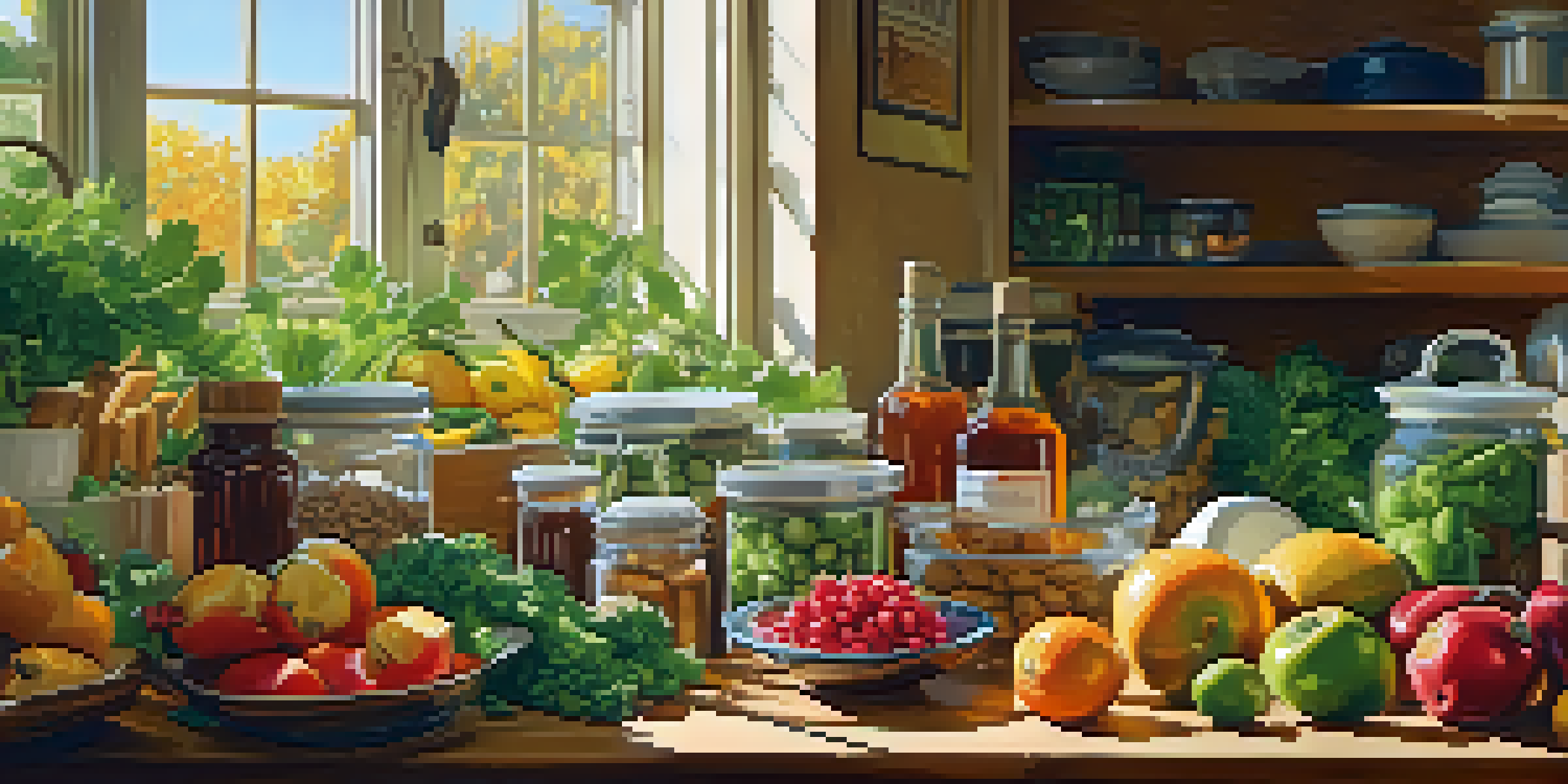 A bright kitchen with colorful whole foods like fruits and vegetables on a wooden countertop, illuminated by sunlight.