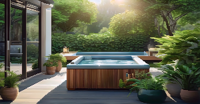 An outdoor spa setup with a wooden massage table surrounded by greenery and natural products, illuminated by soft sunlight.
