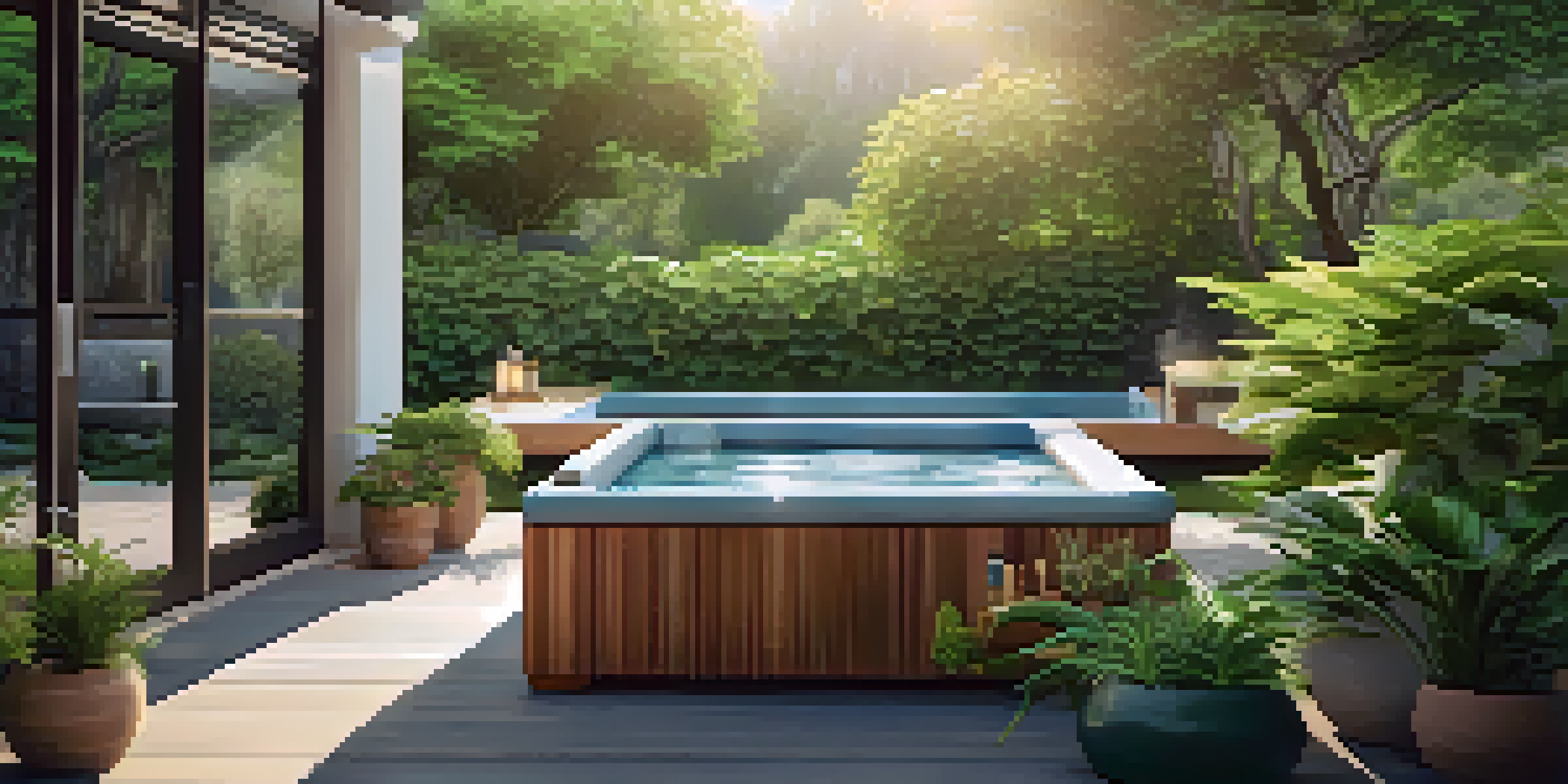 An outdoor spa setup with a wooden massage table surrounded by greenery and natural products, illuminated by soft sunlight.