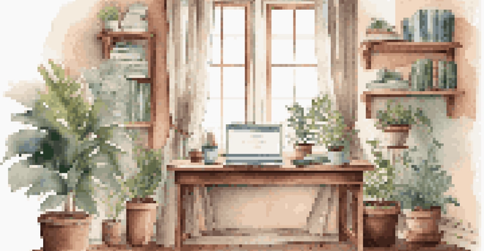 A warm home office with a wooden desk, laptop, coffee cup, and potted plant by the window, illuminated by natural light.