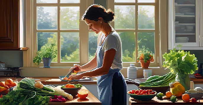 A middle-aged woman in a bright kitchen preparing a colorful salad with fresh vegetables and fruits, emphasizing healthy eating.