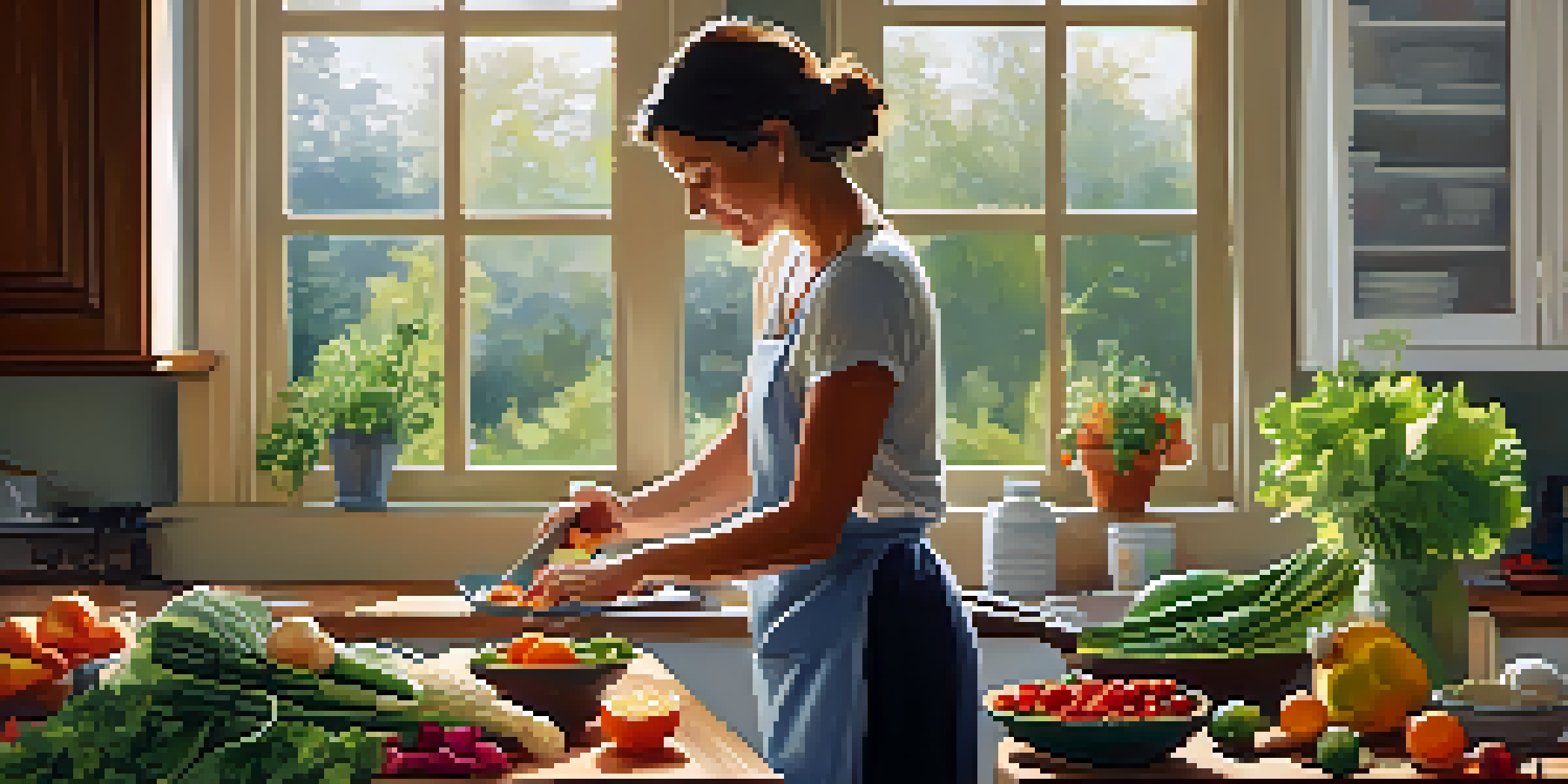 A middle-aged woman in a bright kitchen preparing a colorful salad with fresh vegetables and fruits, emphasizing healthy eating.