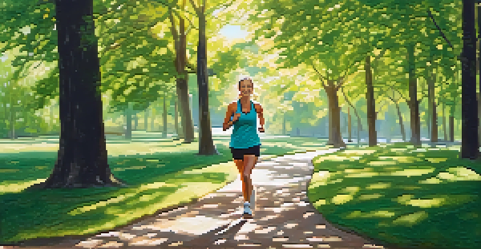A person jogging on a tree-lined path with sunlight filtering through the leaves, wearing athletic gear and looking joyful.