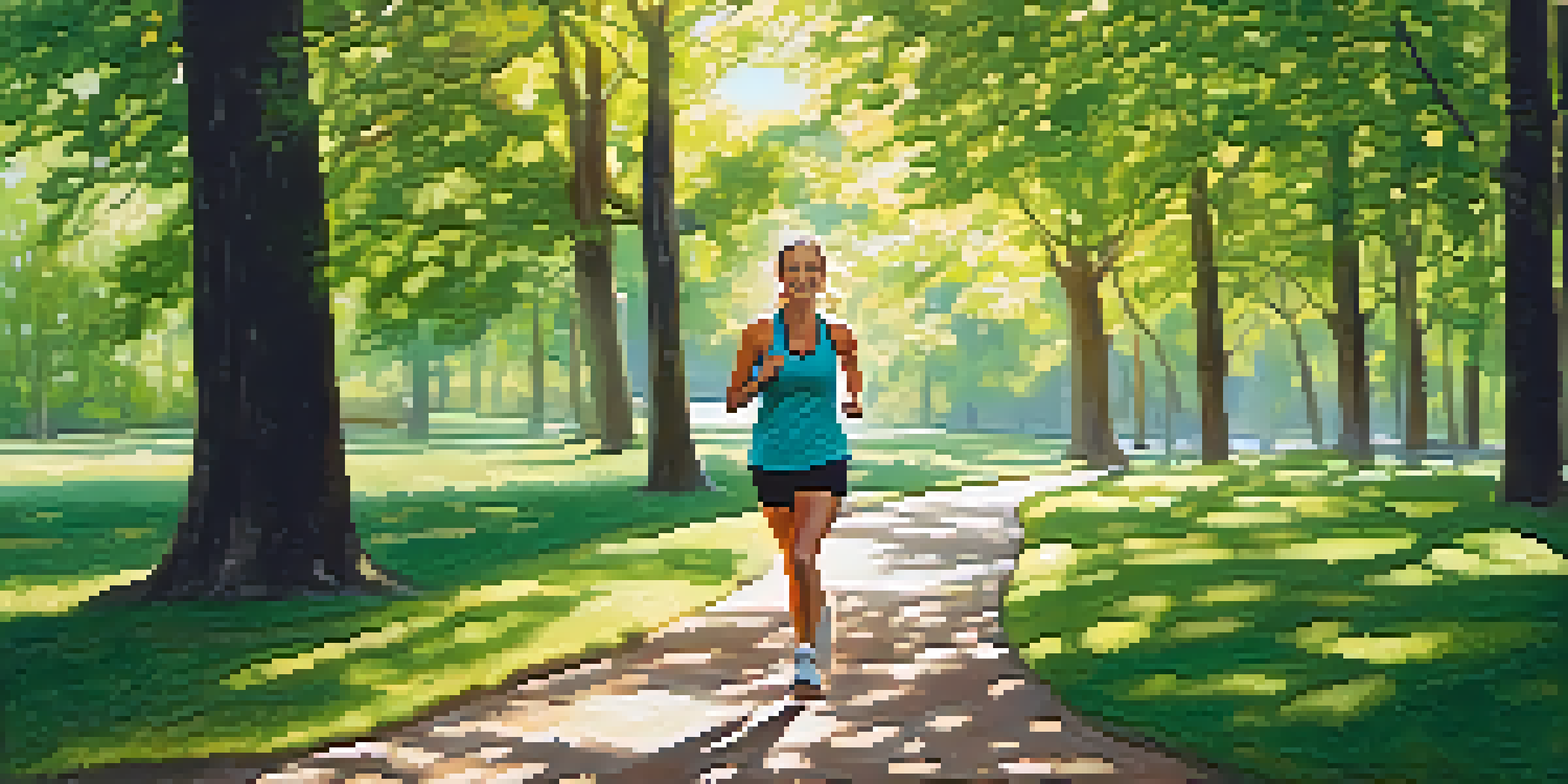 A person jogging on a tree-lined path with sunlight filtering through the leaves, wearing athletic gear and looking joyful.