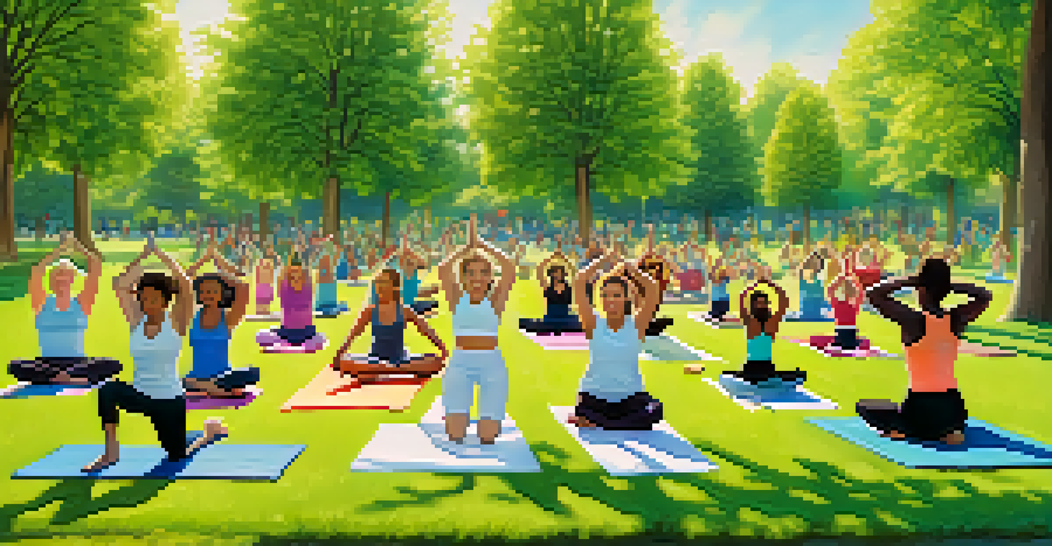 A group of diverse individuals practicing yoga outdoors in a park, surrounded by nature and smiling.