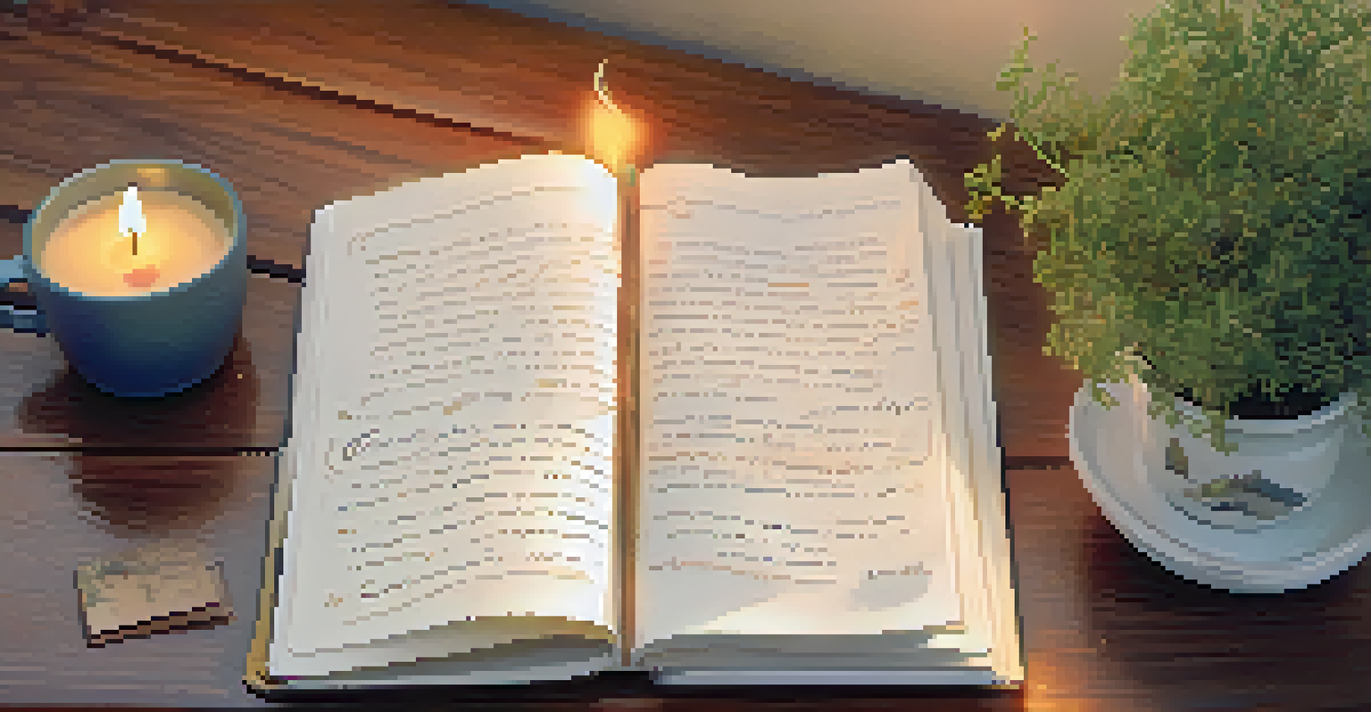 A gratitude journal on a cozy desk with a candle, a plant, and a cup of tea, illuminated by warm light.