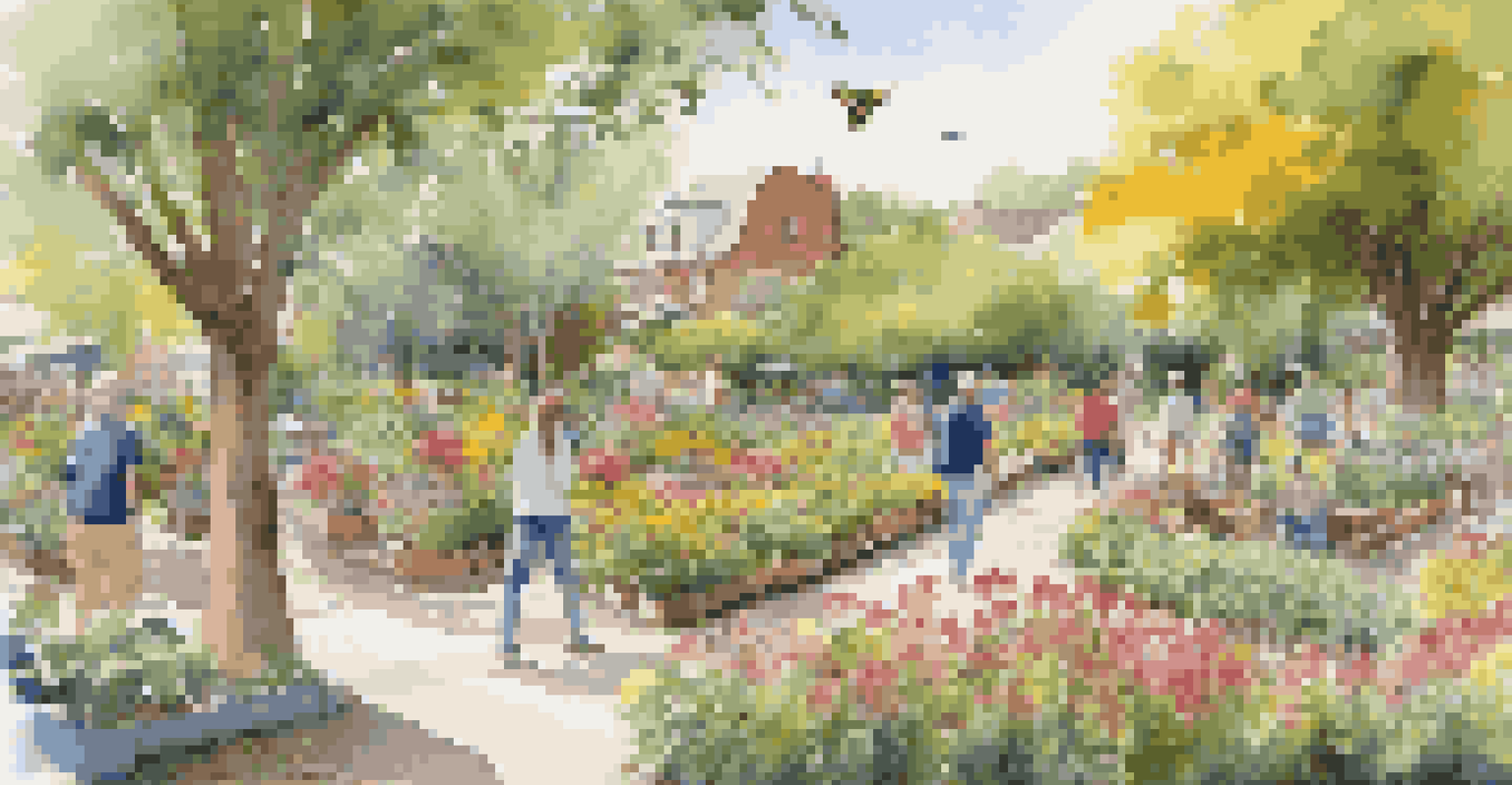 A colorful community garden with blooming flowers and people enjoying nature, featuring a wooden bench.