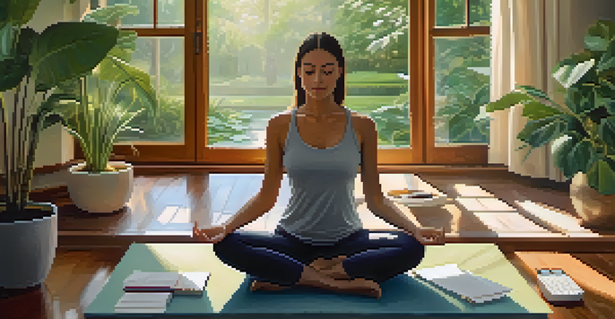 A person meditating on a yoga mat with financial documents and a calculator, set in a peaceful home environment with a view of a garden.