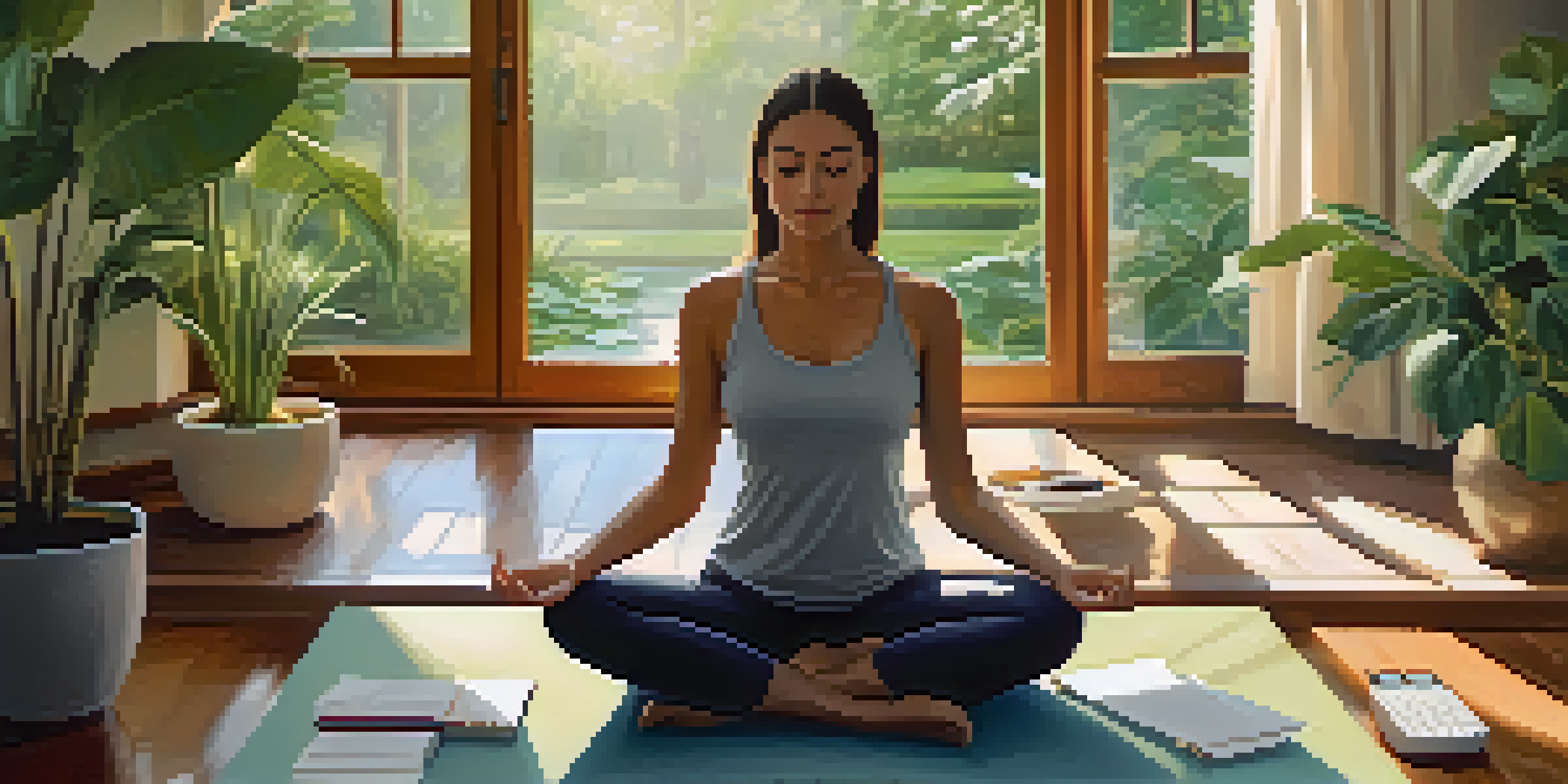 A person meditating on a yoga mat with financial documents and a calculator, set in a peaceful home environment with a view of a garden.