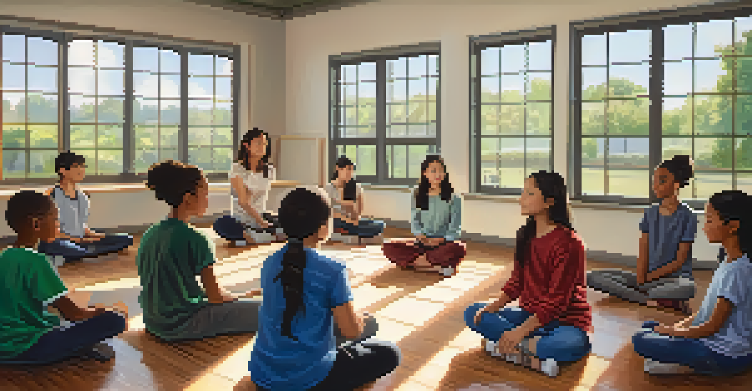 A classroom filled with students practicing mindfulness, seated on mats with a teacher guiding them, illuminated by soft natural light.
