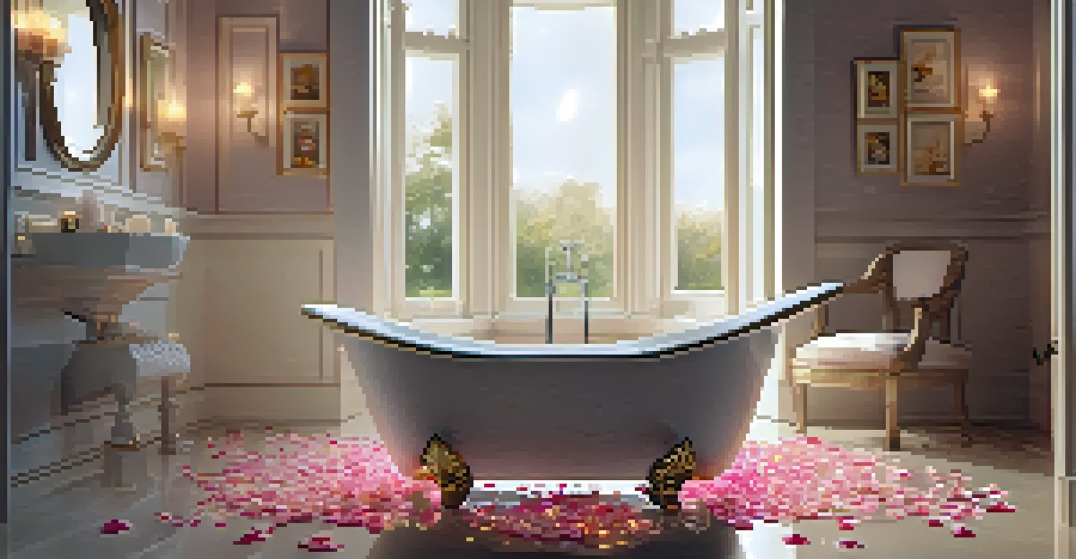 A luxurious bathtub filled with warm water and floating rose petals, with rose oil and carrier oil on the edge, illuminated by soft candlelight.