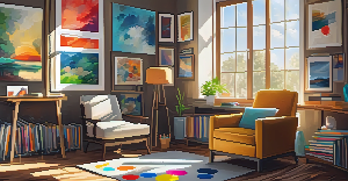 A bright and cozy art therapy space filled with colorful art supplies, sunlight coming through a window, and vibrant artworks on the walls.