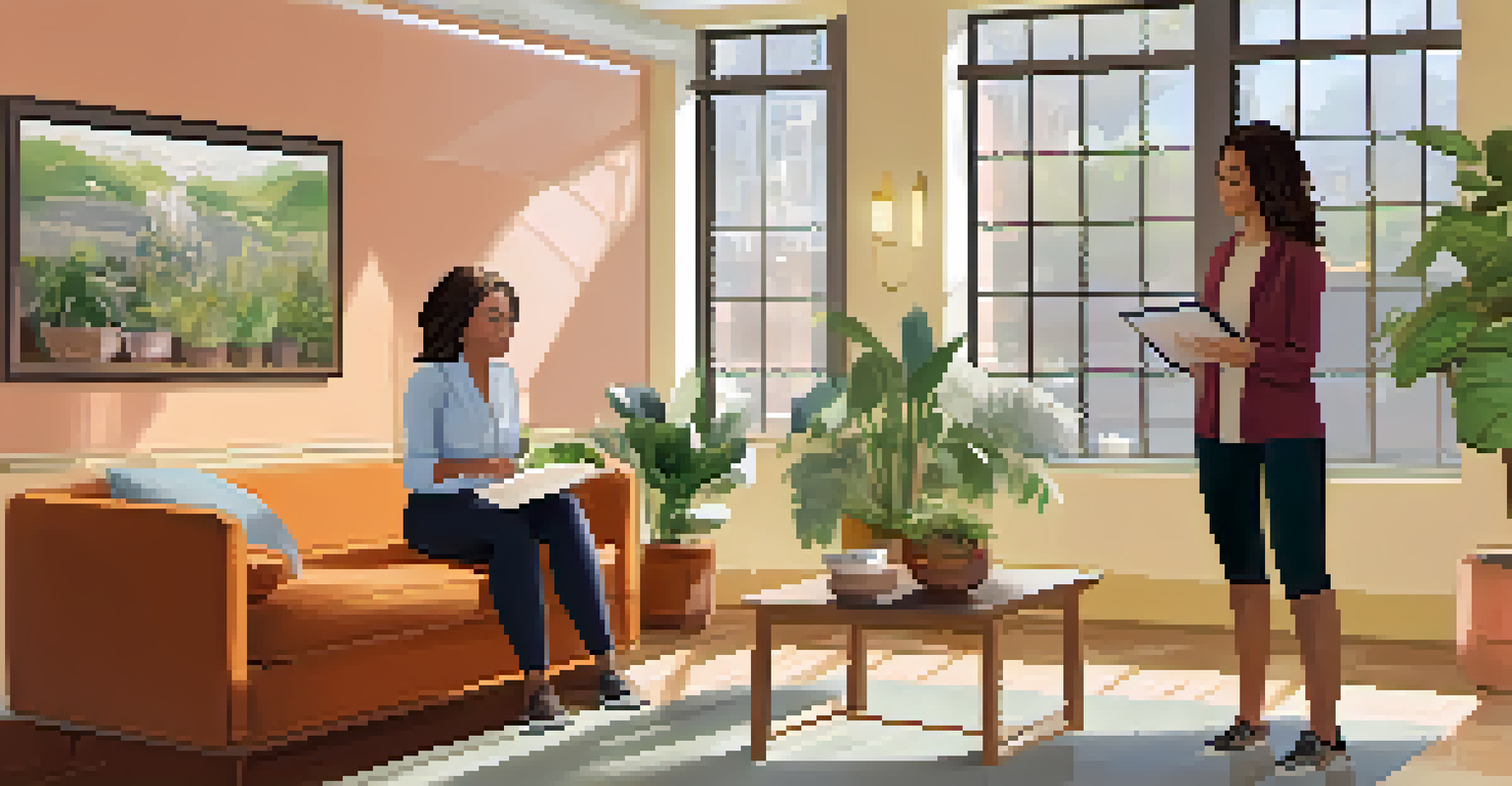 A wellness coach and client having a discussion in a cozy indoor setting, with the coach listening attentively while the client holds a notebook.