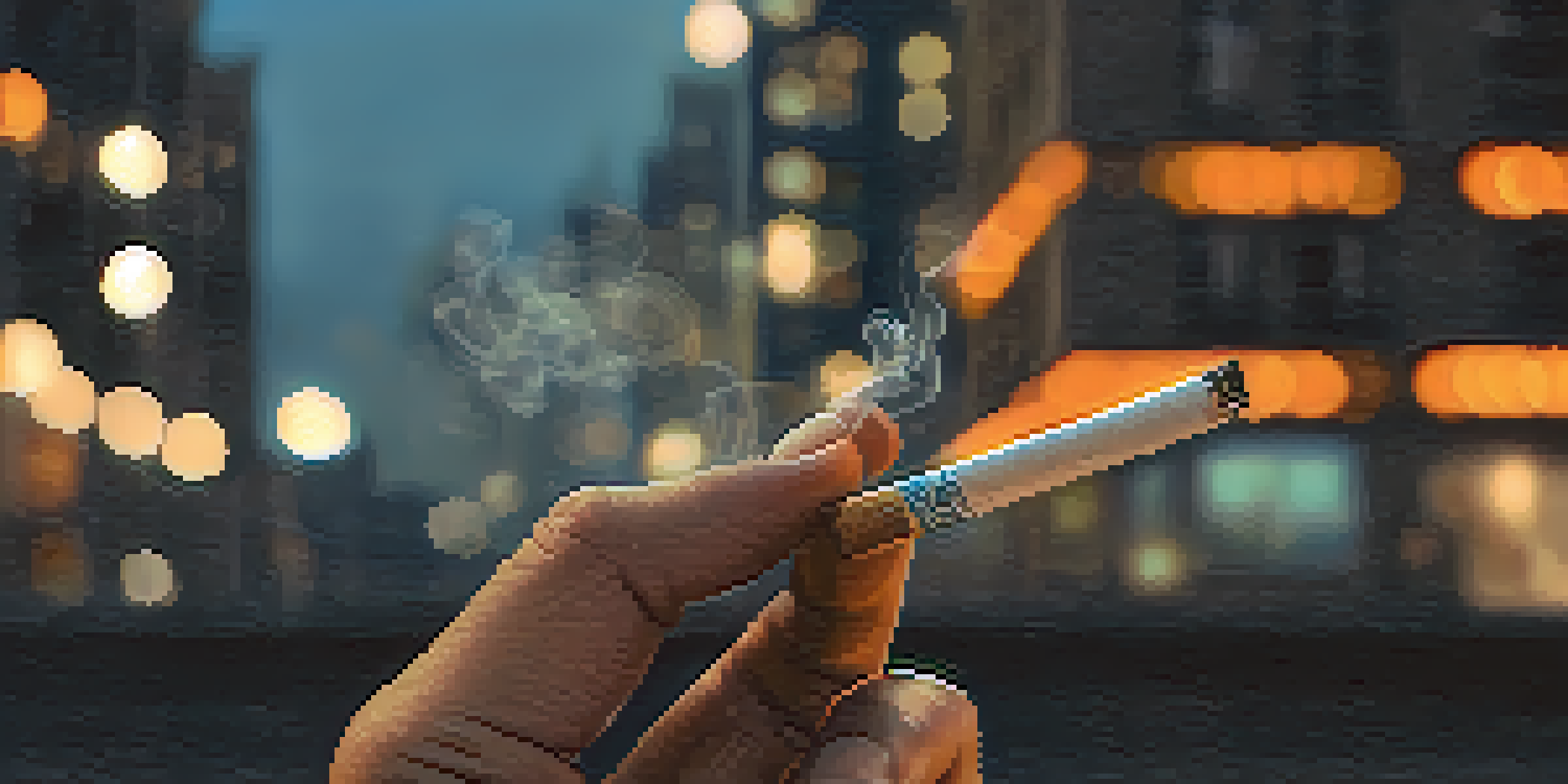 A close-up of a hand holding a cigarette, surrounded by swirling smoke against a blurred cityscape background during dusk.