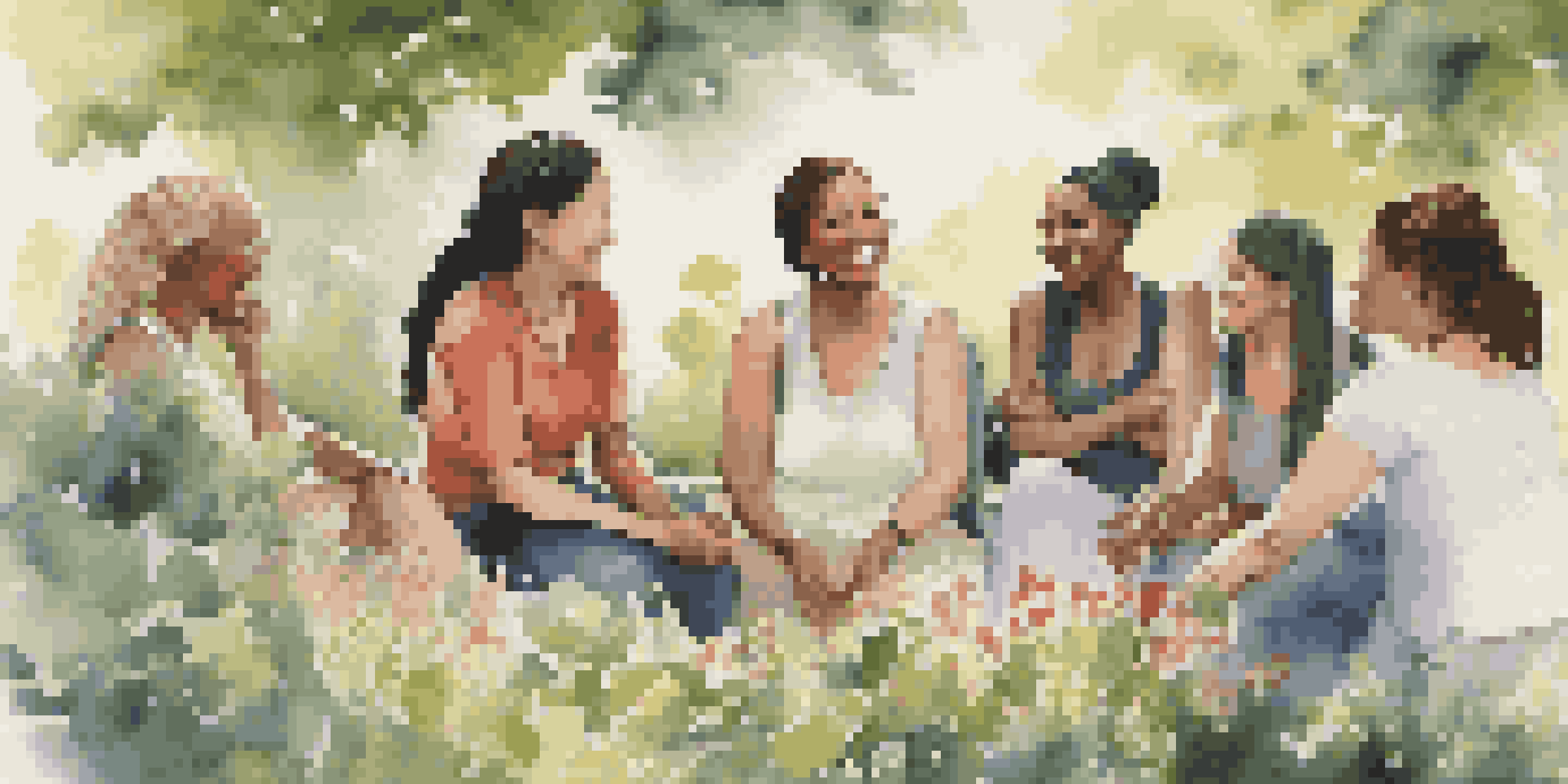 A diverse group of women sitting in a park, smiling and engaged in conversation, surrounded by nature.