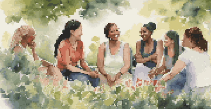 A diverse group of women sitting in a park, smiling and engaged in conversation, surrounded by nature.