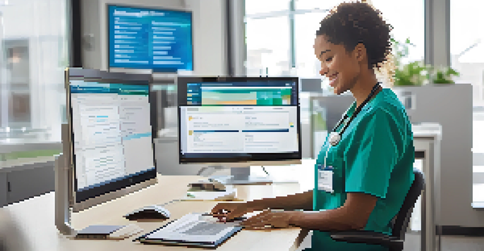 A healthcare professional using a user-friendly EHR interface in a bright office, with clear menus and a focused expression.