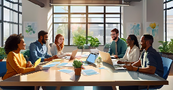 A diverse group of employees collaborating in a bright office, smiling and discussing ideas around a table with laptops and sticky notes.
