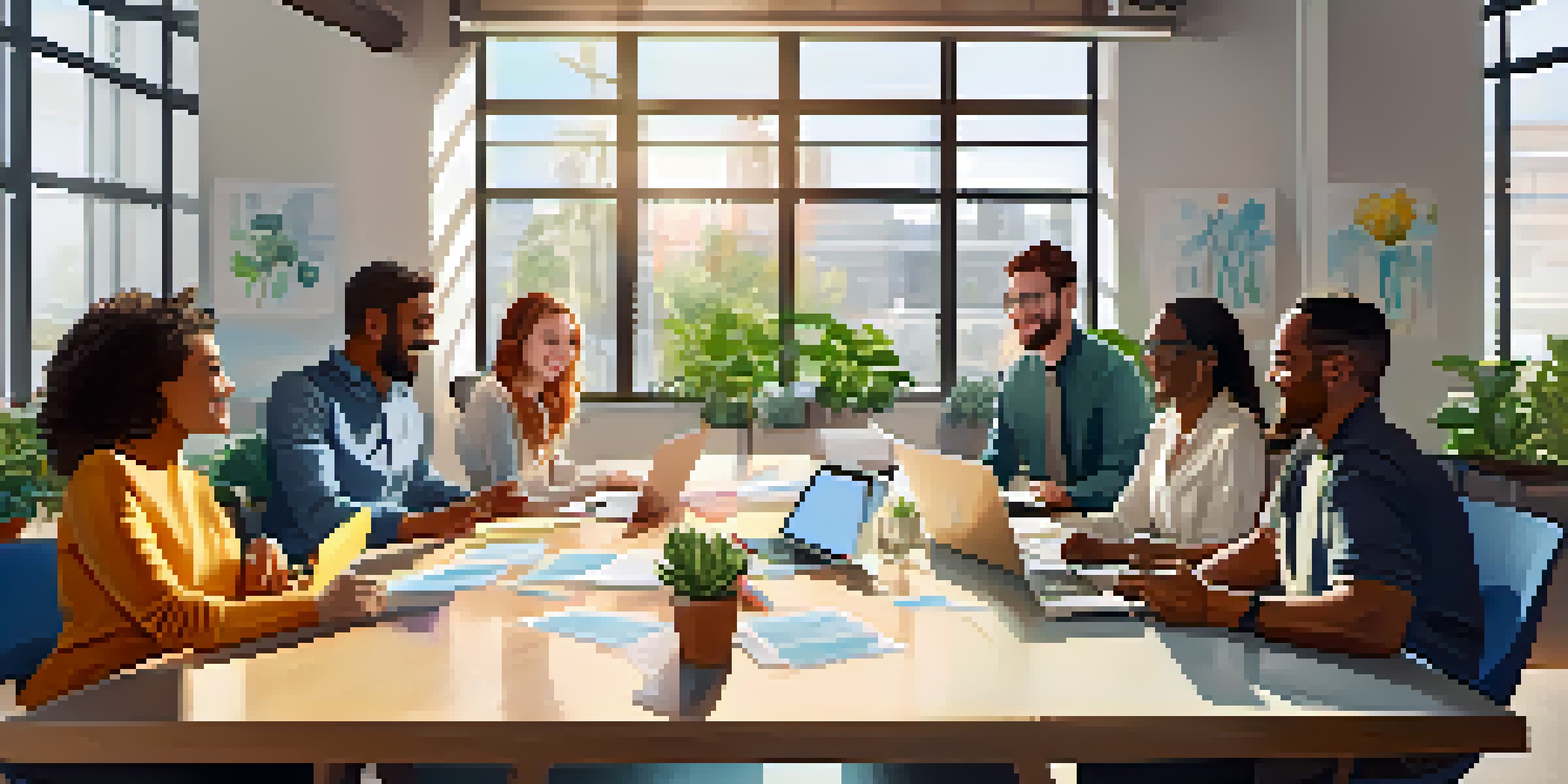 A diverse group of employees collaborating in a bright office, smiling and discussing ideas around a table with laptops and sticky notes.