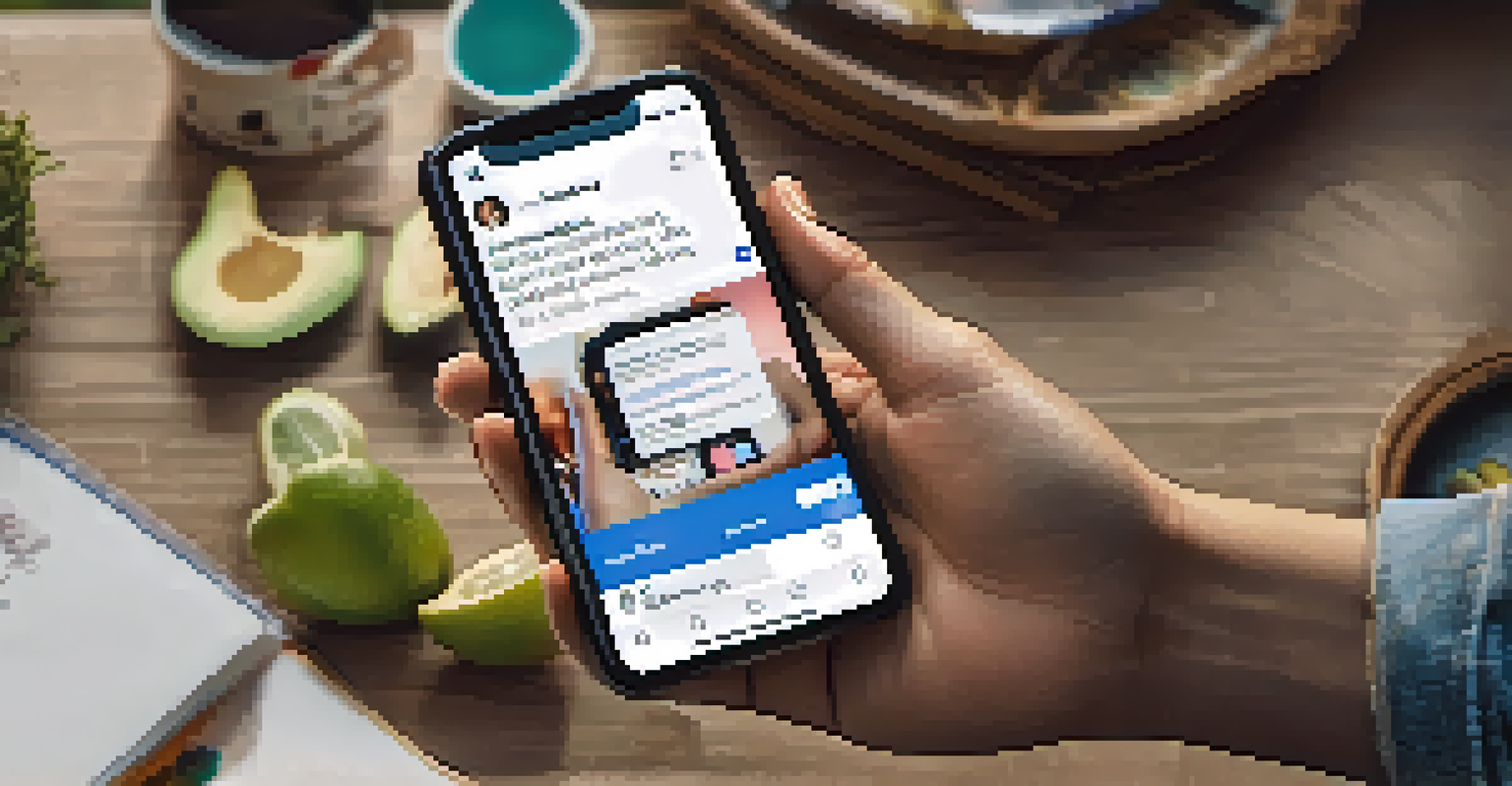 A close-up of a person holding a smartphone showing a social media campaign on health equity, with an urban background blurred out.