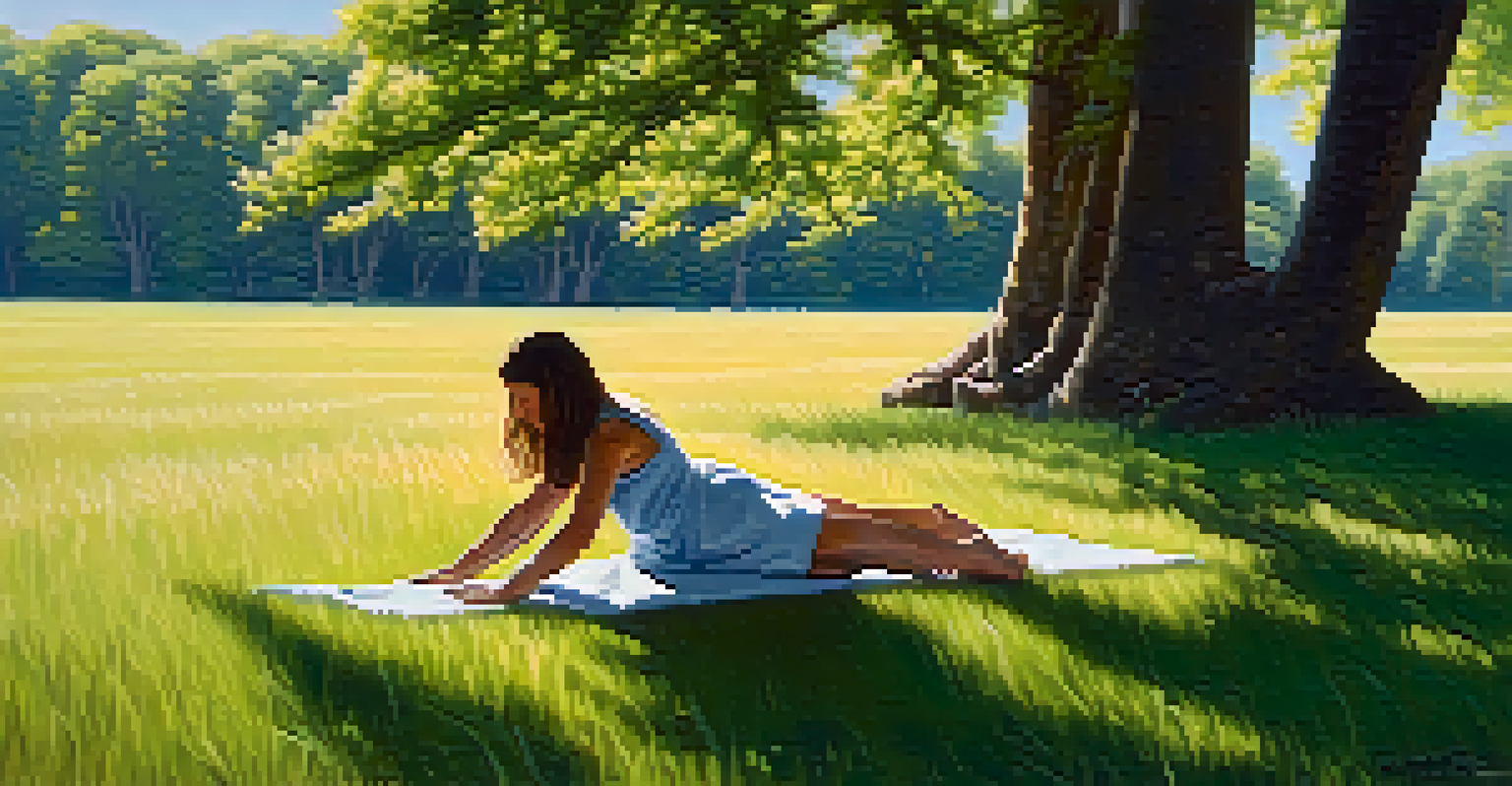 A person practicing grounding techniques barefoot on grass, surrounded by trees and sunlight.