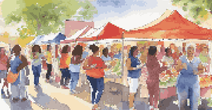 A lively community health fair featuring women from different backgrounds participating in health activities, with colorful booths and a sunny atmosphere.