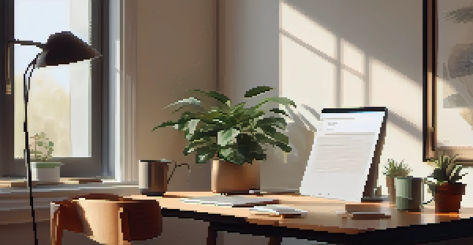 A clean and serene workspace with a laptop, a cup of coffee, and a potted plant, illuminated by soft natural light.