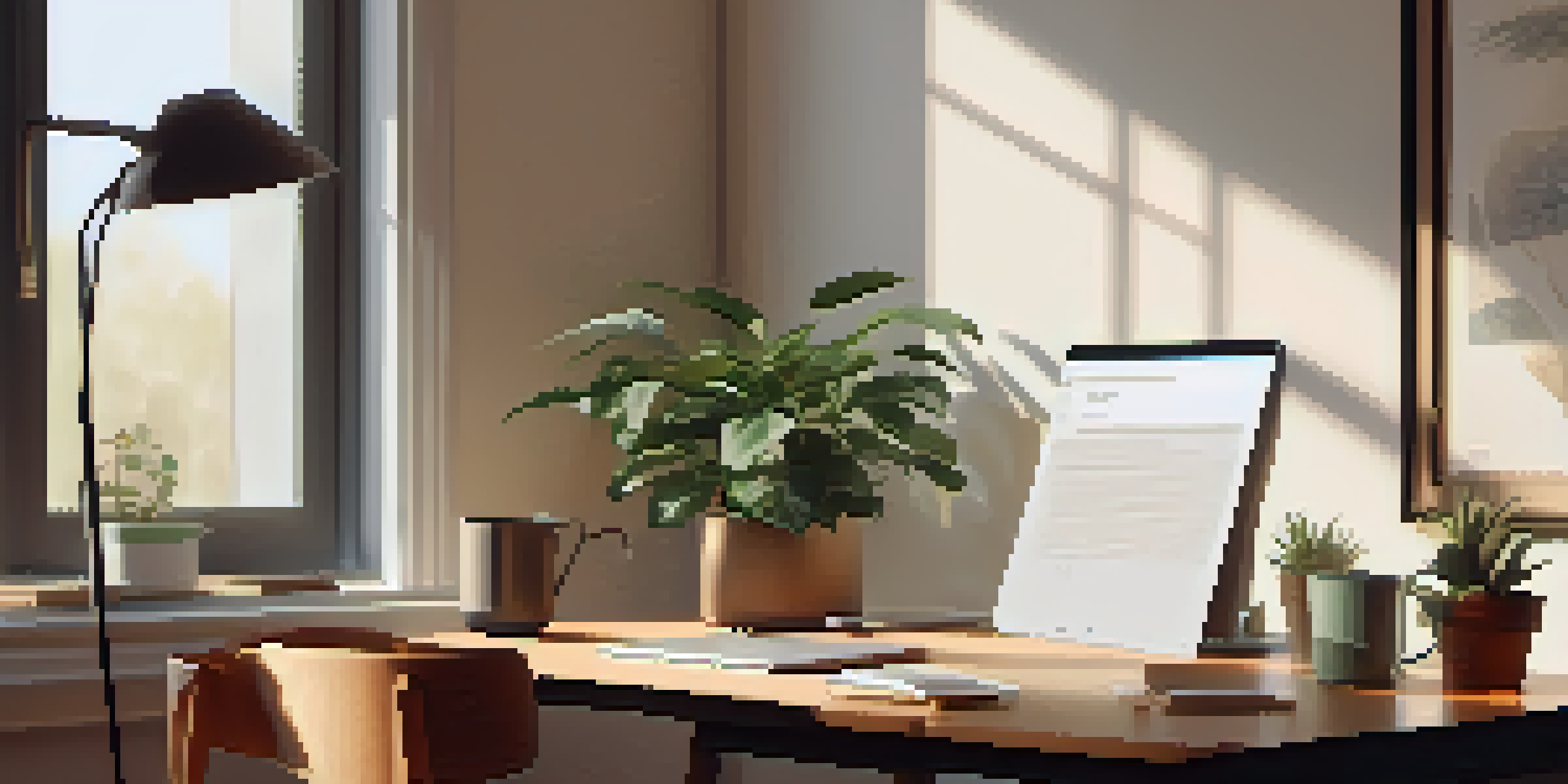 A clean and serene workspace with a laptop, a cup of coffee, and a potted plant, illuminated by soft natural light.