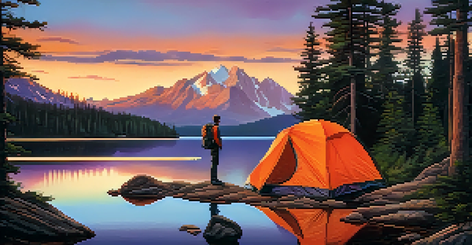 A hiker sets up a tent by a calm lake surrounded by mountains during sunset, with colorful reflections in the water.
