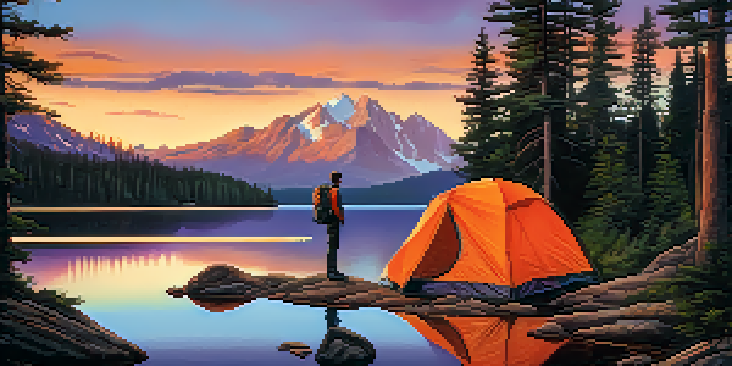 A hiker sets up a tent by a calm lake surrounded by mountains during sunset, with colorful reflections in the water.