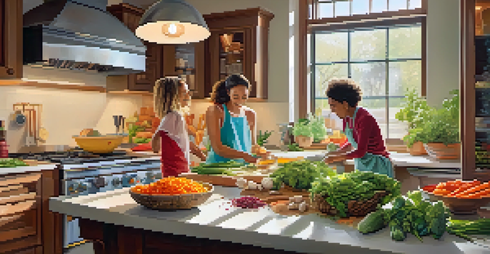 A family happily preparing meals in a bright kitchen filled with colorful vegetables and ingredients.