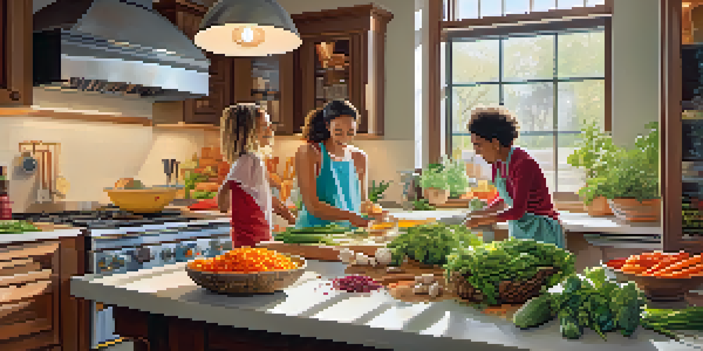 A family happily preparing meals in a bright kitchen filled with colorful vegetables and ingredients.