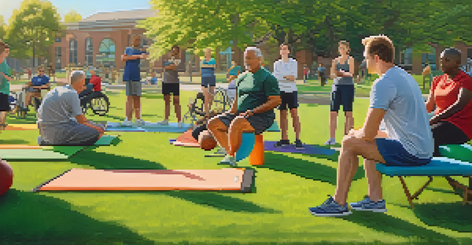 A diverse group of athletes participating in a physical therapy session in a sunny park, surrounded by greenery and colorful exercise mats.