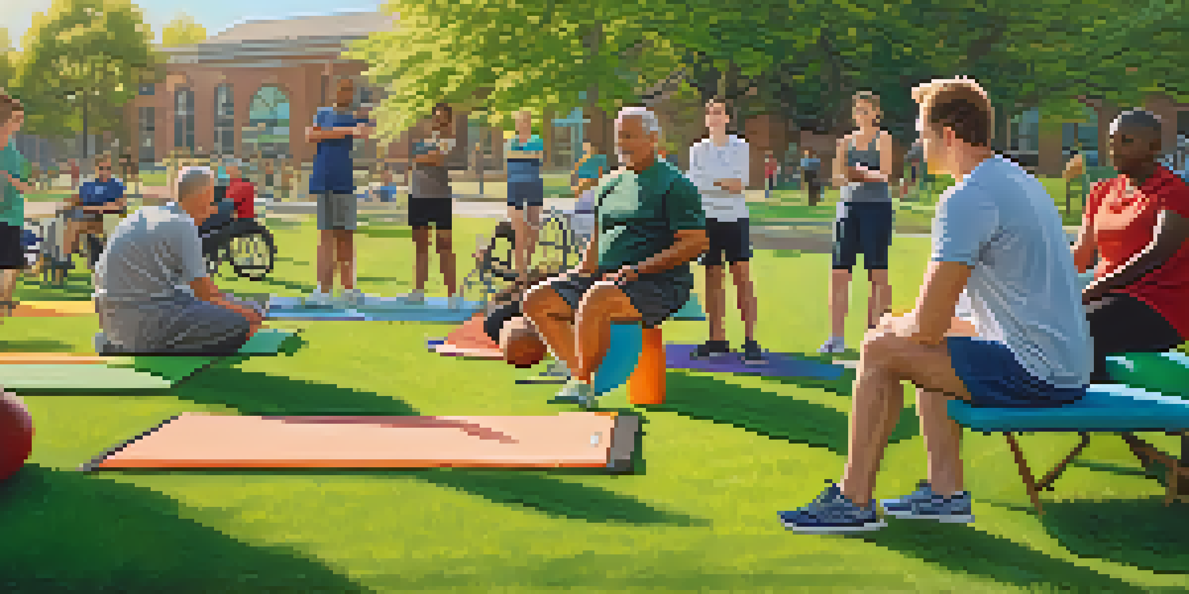 A diverse group of athletes participating in a physical therapy session in a sunny park, surrounded by greenery and colorful exercise mats.