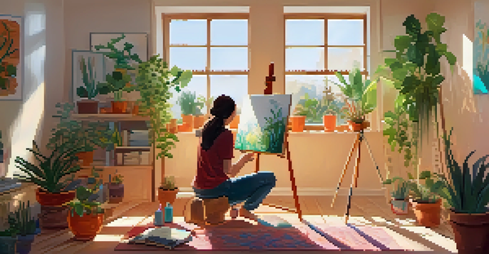 An individual engaged in art therapy, painting on a canvas in a bright and inviting room filled with artworks and natural light.