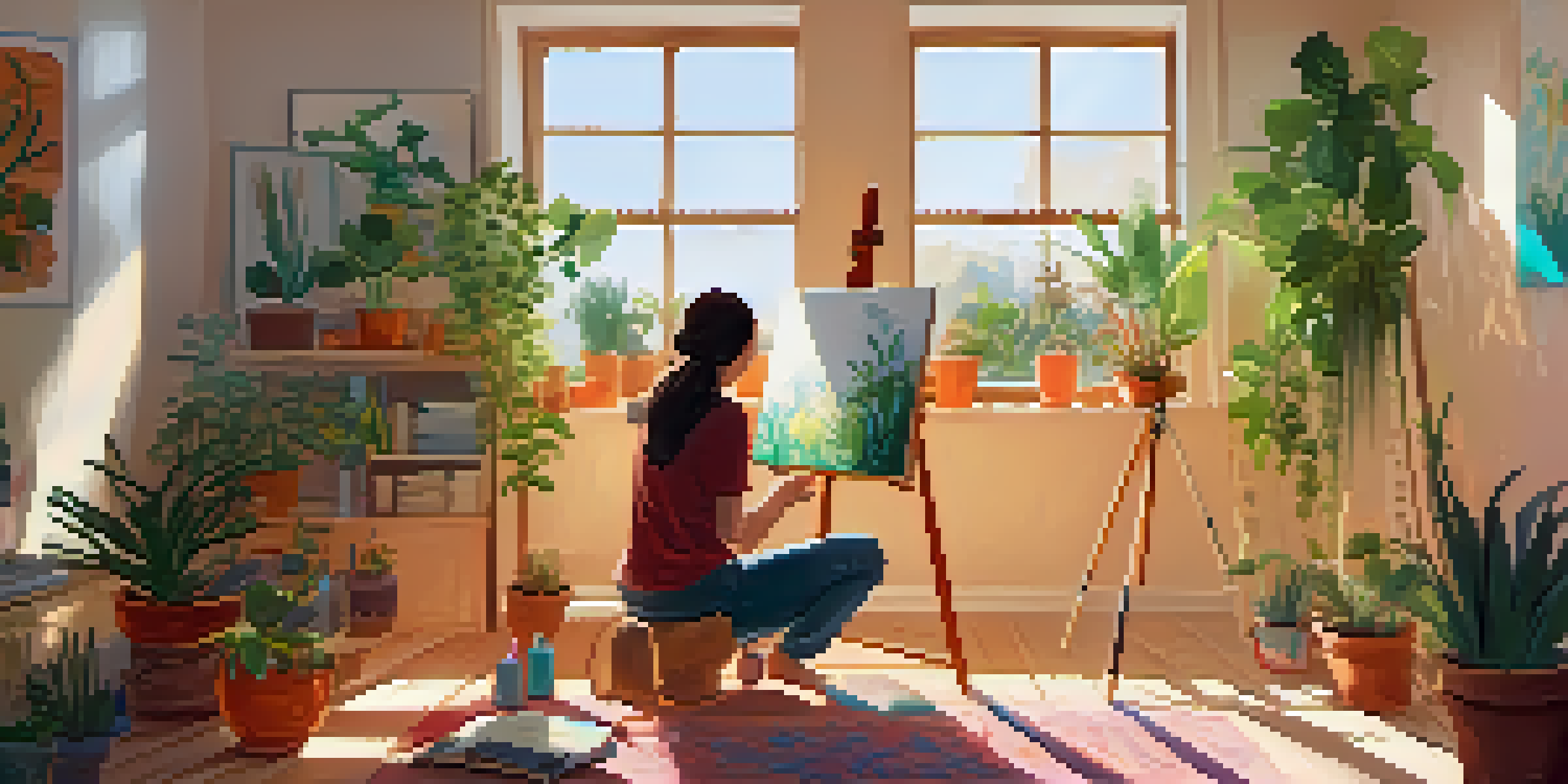 An individual engaged in art therapy, painting on a canvas in a bright and inviting room filled with artworks and natural light.