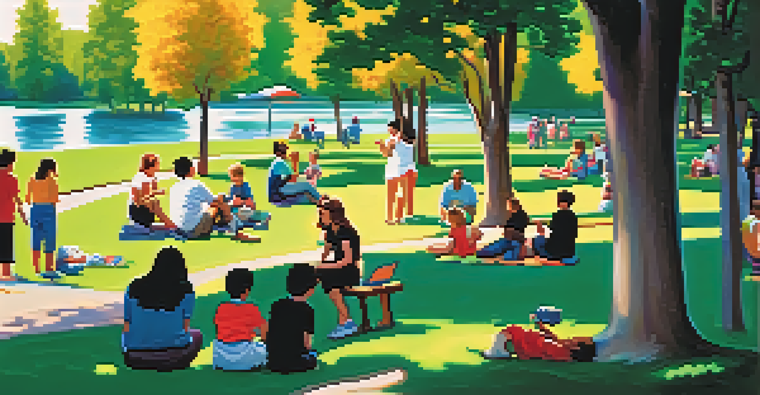 A lively community park with people enjoying activities like picnics and frisbee under a sunny sky.