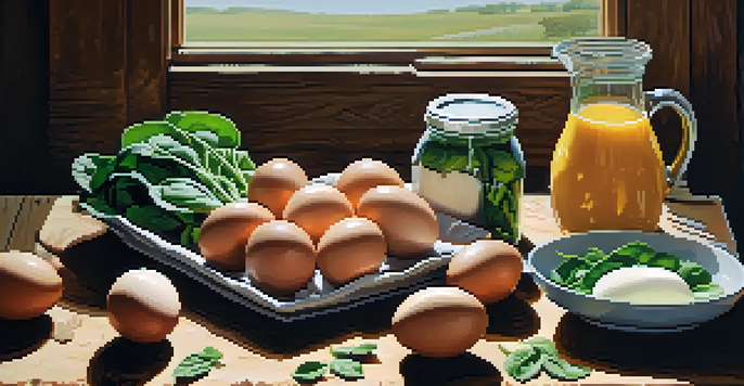 A still life image of riboflavin-rich foods like eggs, spinach, almonds, and dairy products on a wooden table, illuminated by natural light.