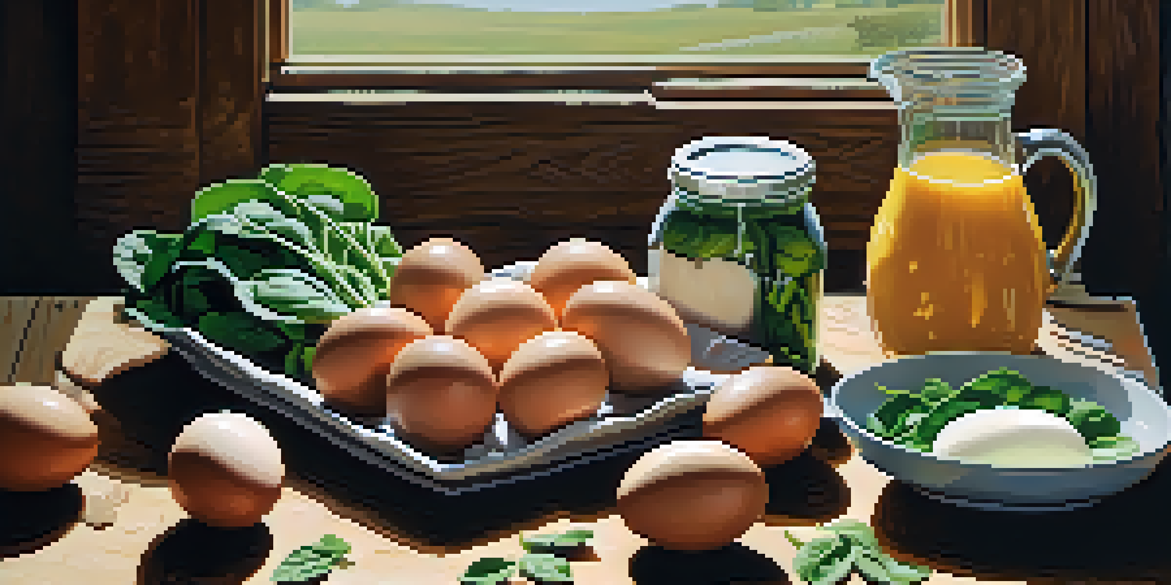 A still life image of riboflavin-rich foods like eggs, spinach, almonds, and dairy products on a wooden table, illuminated by natural light.
