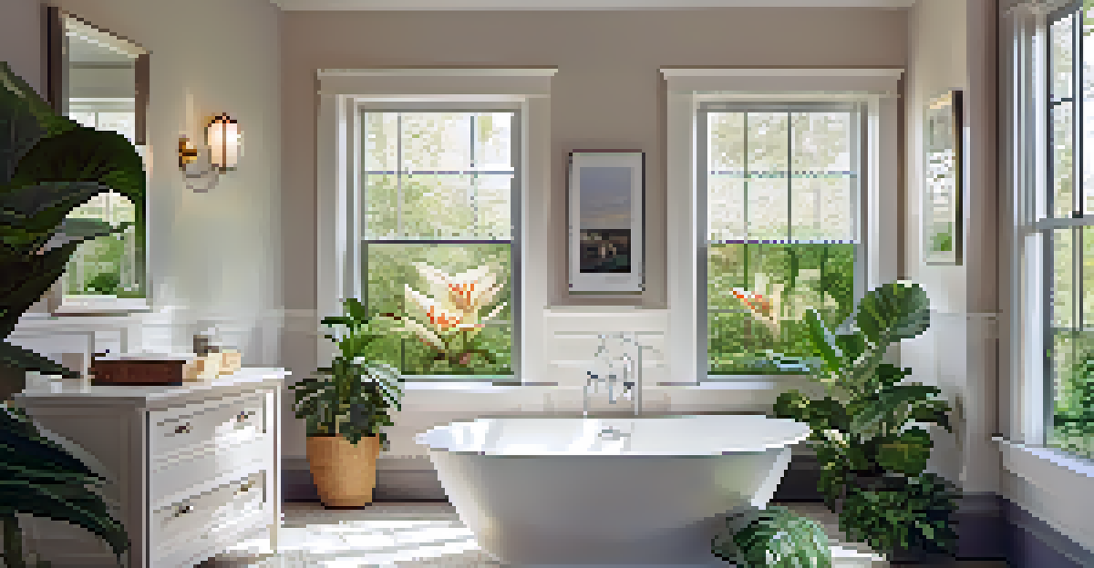 A cozy bathroom with a dual-flush toilet, low-flow showerhead, and plants, bathed in natural sunlight.