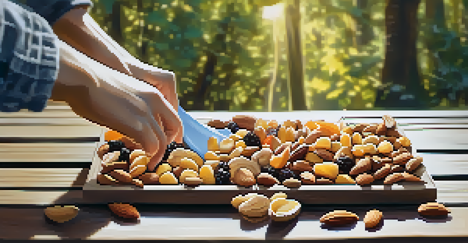 A close-up of a hand reaching for a handful of nuts and dried fruits on an outdoor table surrounded by nature.
