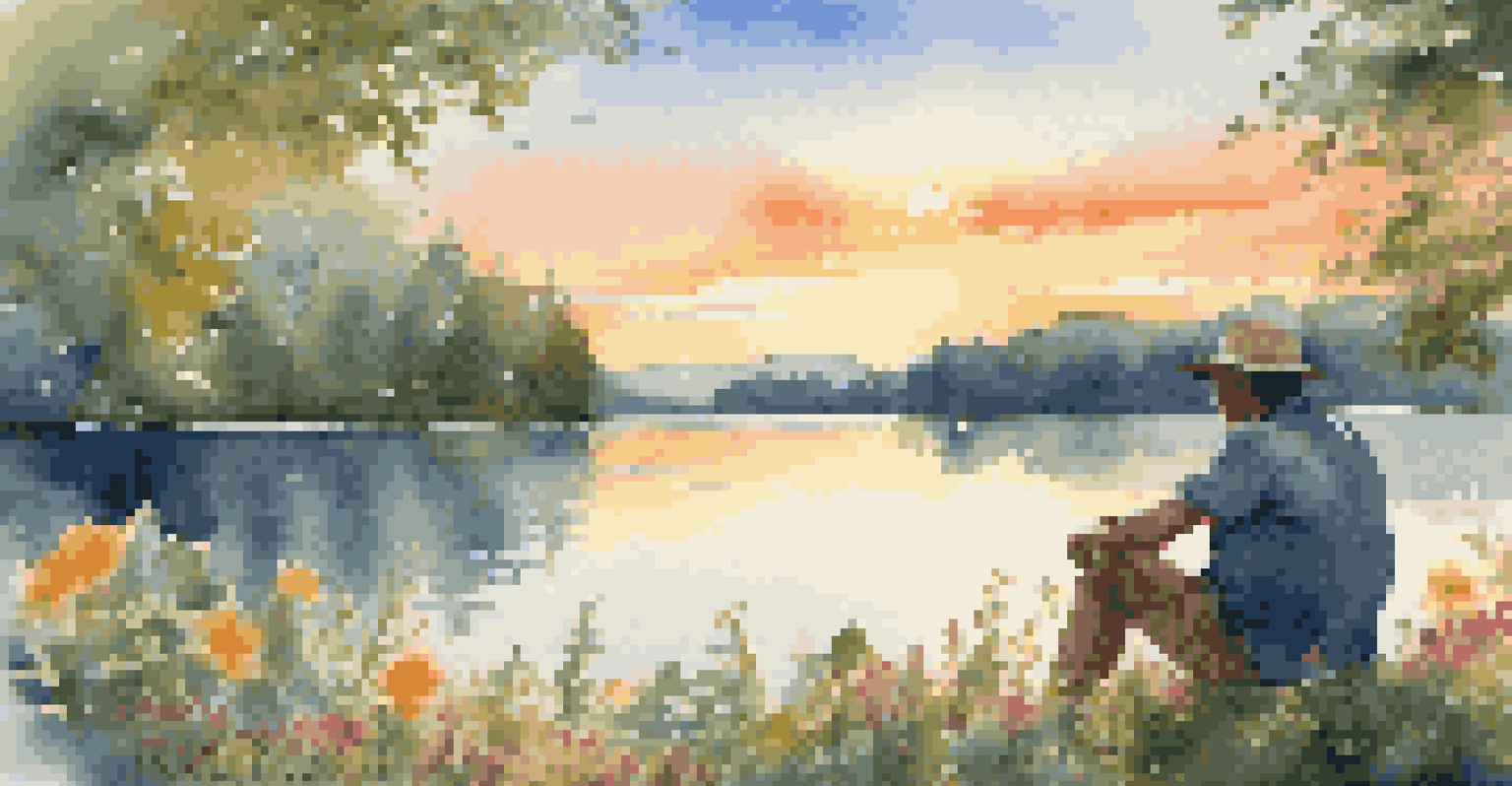 A traveler enjoying the view by a lake, drinking water from a reusable bottle, surrounded by greenery during sunset.