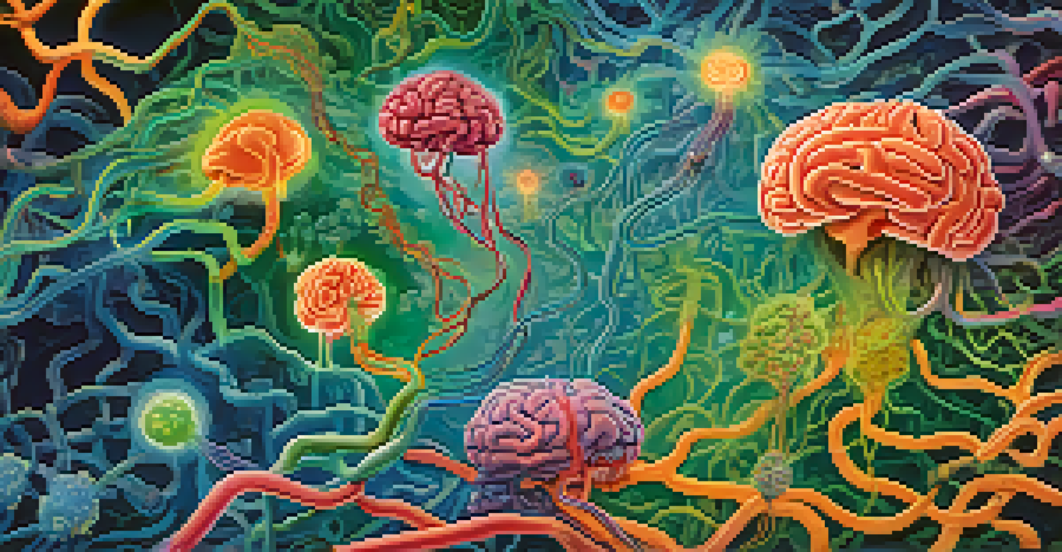 An artistic depiction of the gut-brain axis showing a pathway connecting the brain and stomach, filled with colorful bacteria and neurotransmitters.