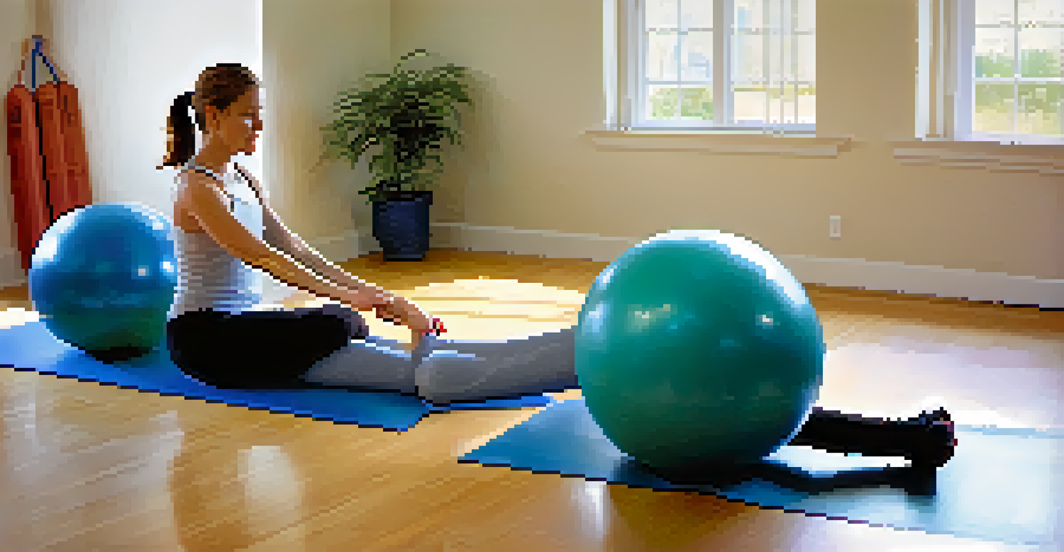 A young woman with cerebral palsy working on Pilates exercises with an instructor, using a stability ball for support.