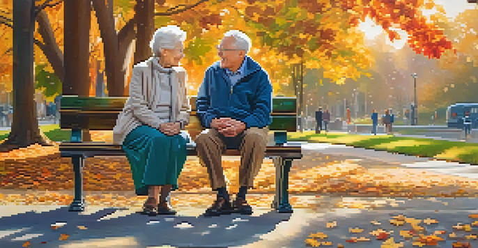 An elderly couple sitting on a park bench in a colorful autumn setting, smiling and talking to each other.